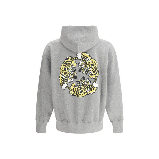 Back view of a gray Kenzo cotton hoodie showcasing a vibrant yellow tiger design, ribbed cuffs, and a comfortable regular fit.