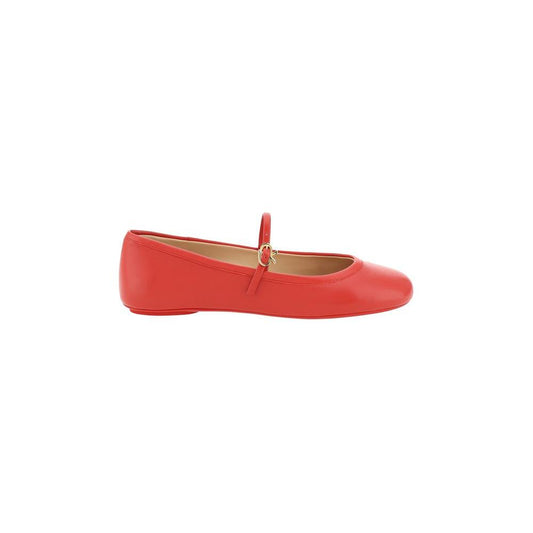Red Gianvito Rossi Carla Ballerinas with calfskin leather, round toe, adjustable strap, and logo insole.