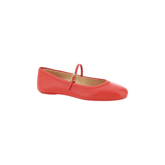 Gianvito Rossi Carla Ballerina calfskin shoe in coral red with round toe, adjustable leather strap, and press-studded logo insole.