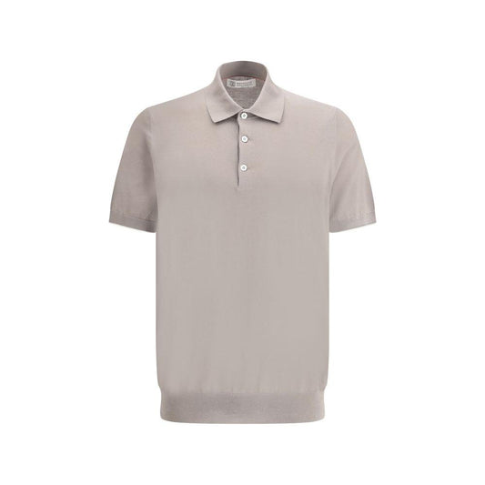 Brunello Cucinelli cotton polo shirt with ribbed collar, jeweled buttons, ribbed sleeves, and hem, regular fit, front view.