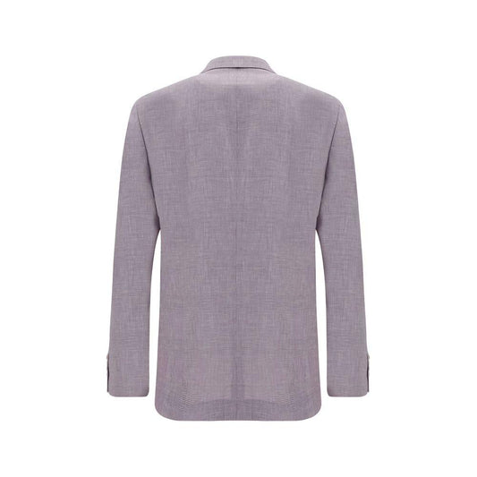 Back view of Brunello Cucinelli wool blazer jacket in check pattern with classic lapels and dual back slits.