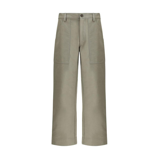 Maison Kitsuné cotton workwear pants with front and back pockets, zipper closure, waistband loops, and monogram embroidery.