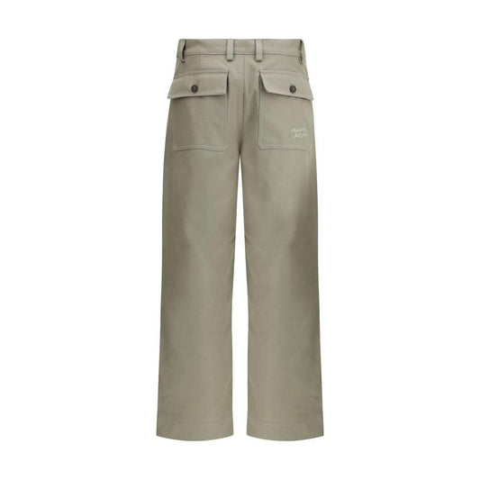 Maison Kitsuné cotton workwear pants with front zipper, button closure, welt pockets, and embroidered monogram, regular fit, monochrome design.