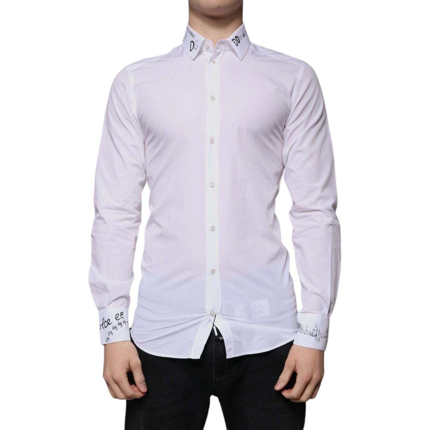 Dolce & Gabbana White Cotton Logo Formal Men GOLD Dress Shirt