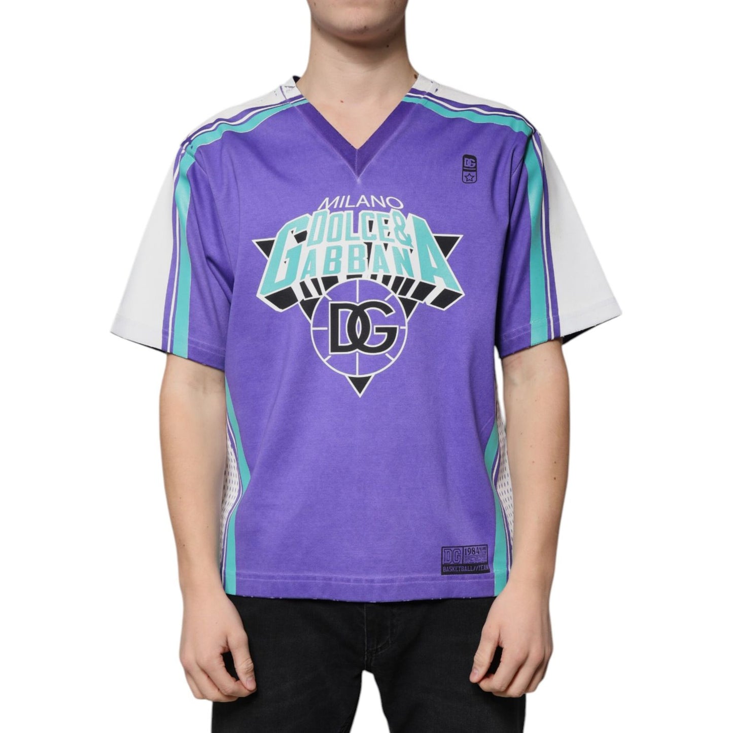 Dolce & Gabbana Purple Logo Jersey Cotton V-neck T-shirt