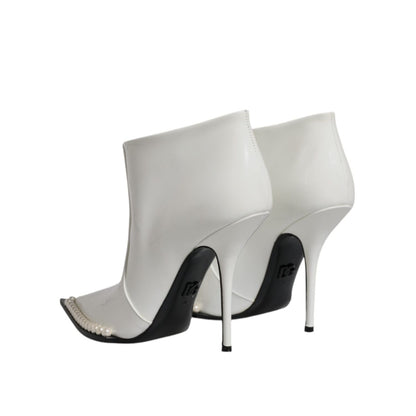 Dolce & Gabbana White Faux Pearl Leather Pointed Toe Ankle Boot Shoes