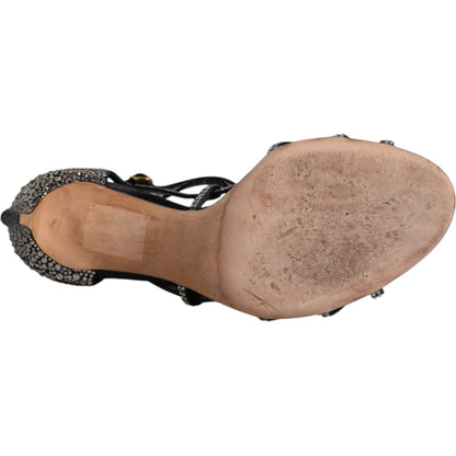 Dolce & Gabbana Black Strass Ankle Strap Heels Sandals Shoes