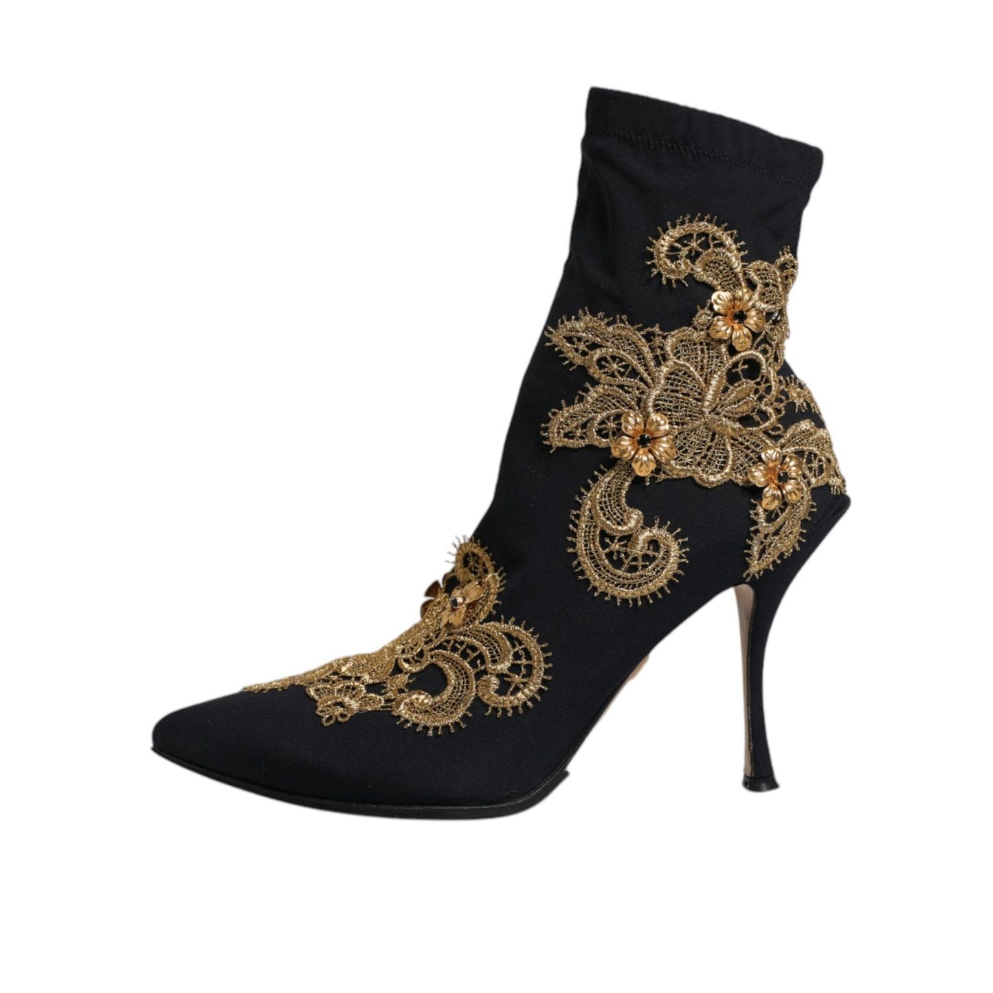 Dolce & Gabbana Black Gold Embroidery Slip On Boots Shoes