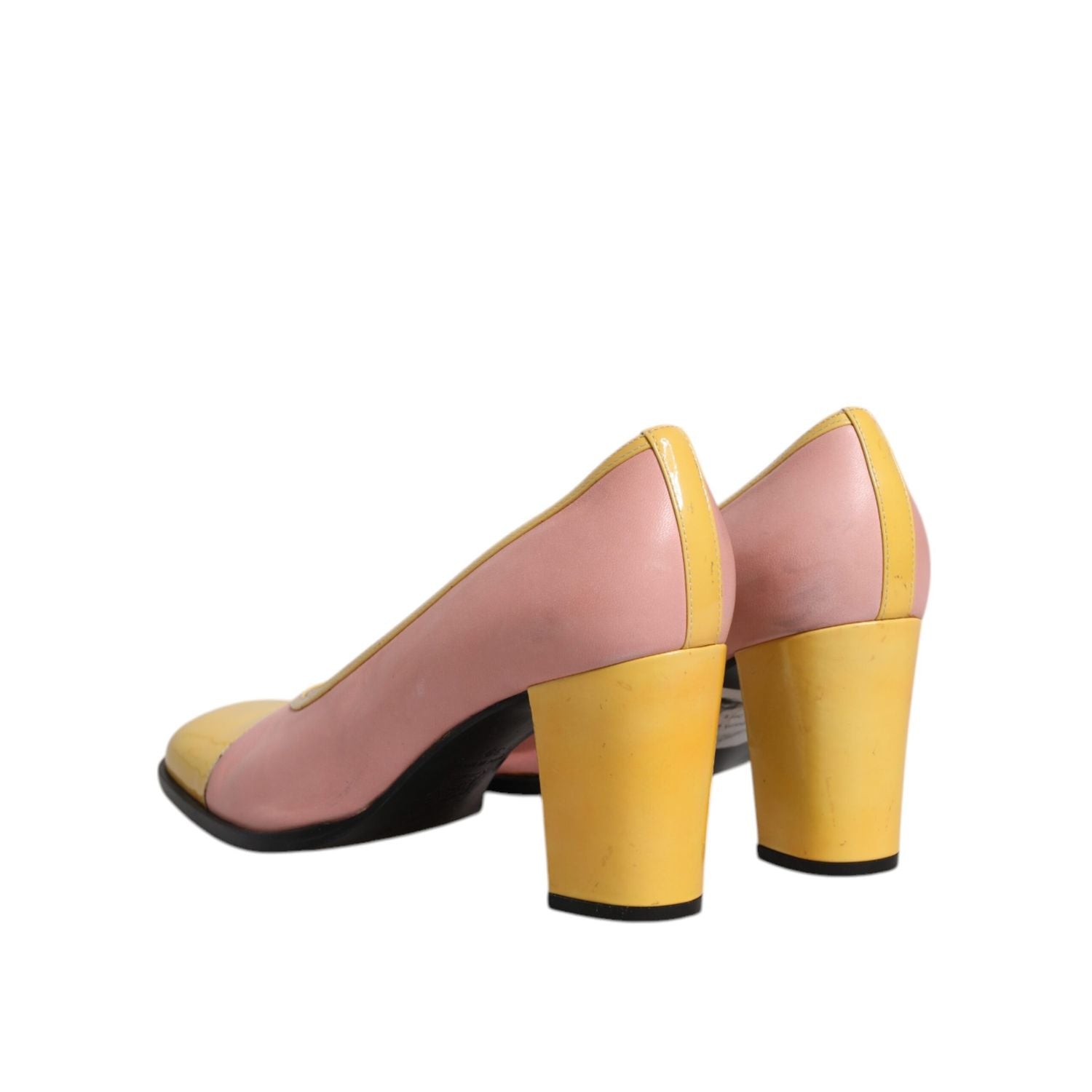 Dolce & Gabbana Pink Yellow Leather Block Heels Pumps Shoes