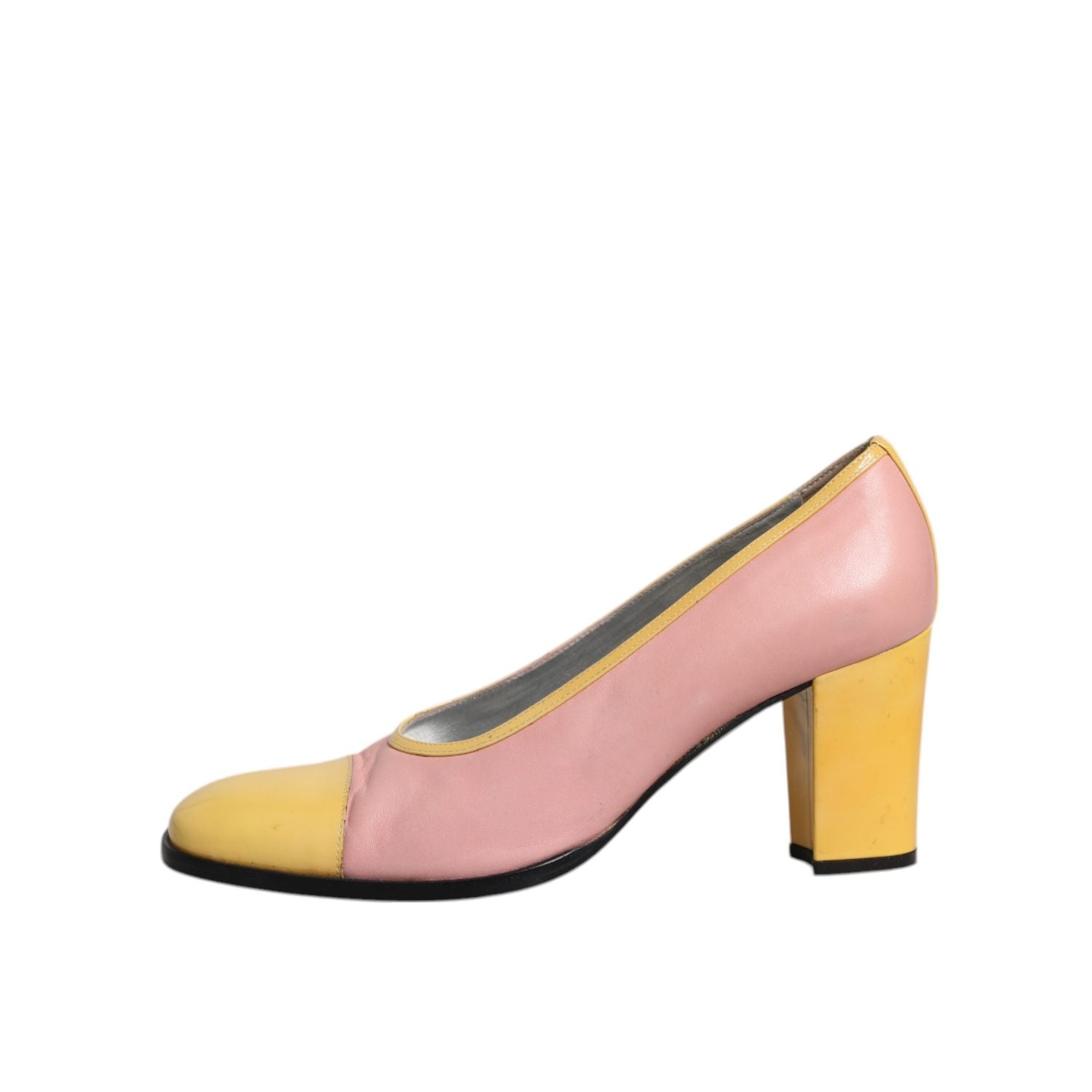 Dolce & Gabbana Pink Yellow Leather Block Heels Pumps Shoes