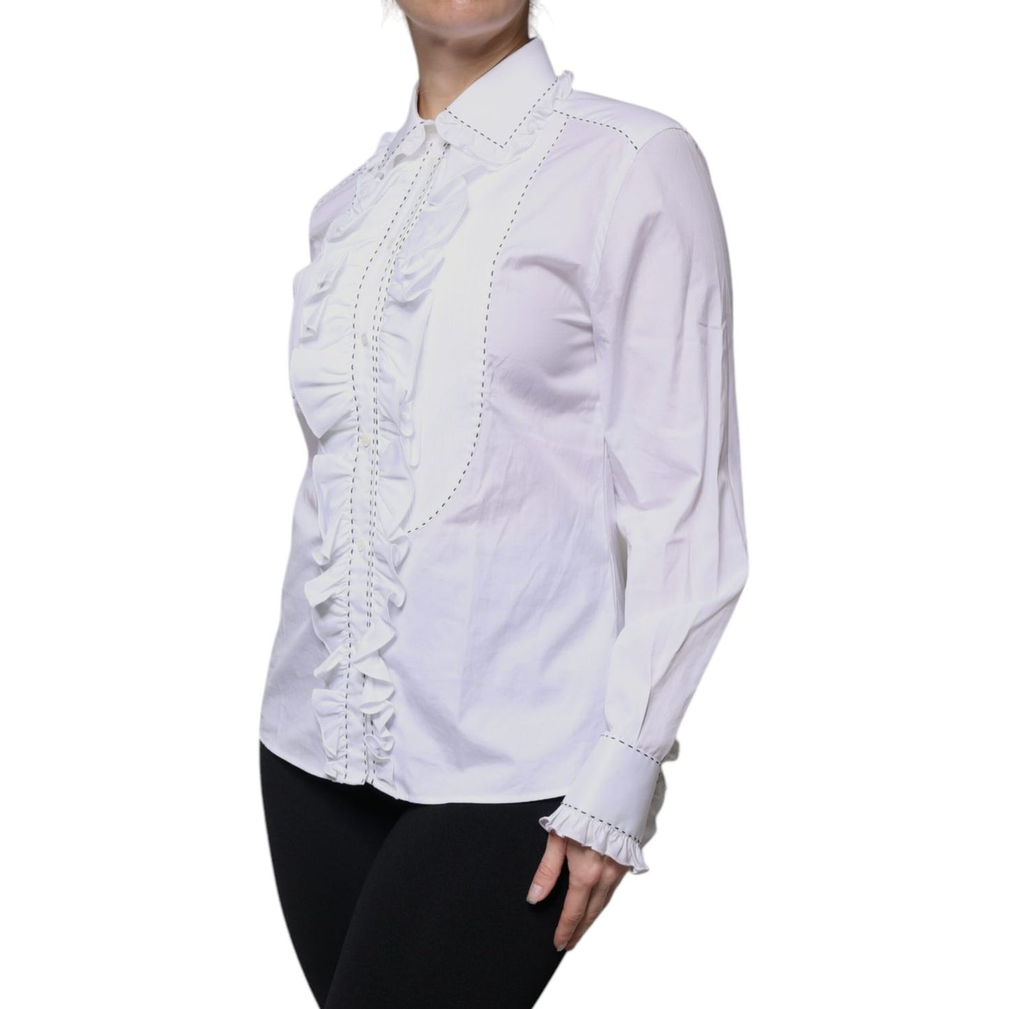 Dolce & Gabbana White Cotton Long Sleeves Ruffle Collar Top
