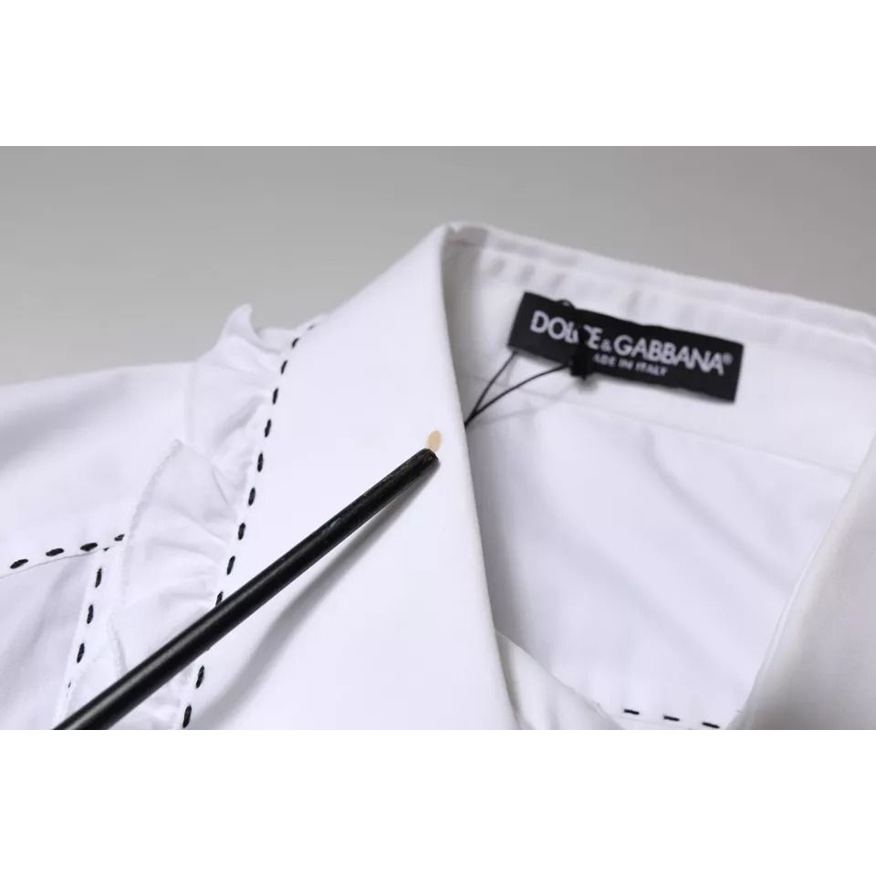 Dolce & Gabbana White Cotton Long Sleeves Ruffle Collar Top