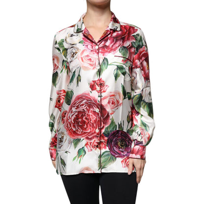 Dolce & Gabbana White Peony Silk Long Sleeves Collared Blouse Top