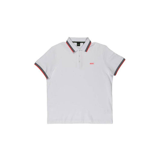 Hugo Boss white cotton polo shirt for men, short-sleeved, fall/winter collection, 100% cotton, classic style.