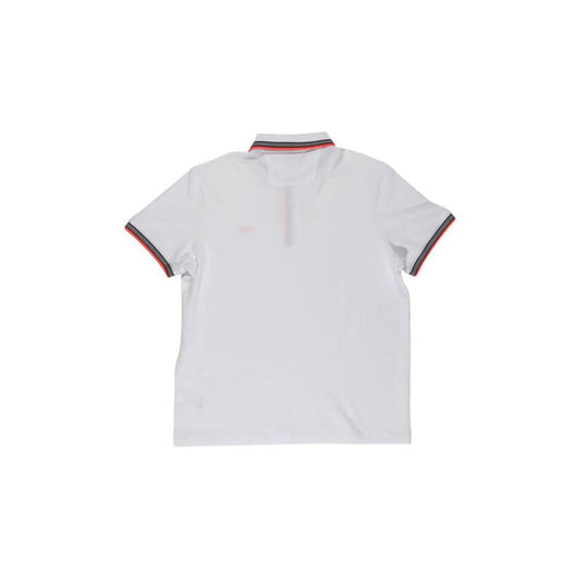 Back view of Hugo Boss white cotton polo shirt, men's short-sleeved from Fall/Winter collection, featuring striped collar details.
