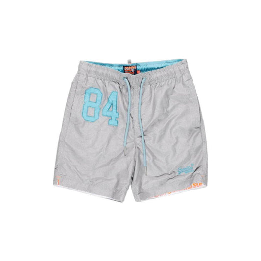 Superdry gray polyester swimwear, men's bathing suit, fall/winter collection, with blue number 84 and drawstring, 100% polyester.