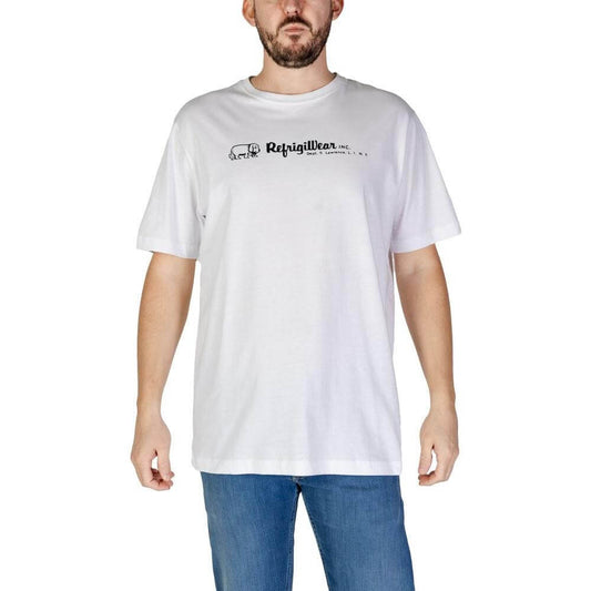 Men's Refrigiwear white cotton short-sleeve t-shirt, part of the fall/winter collection. 100% cotton fabric, casual wear.