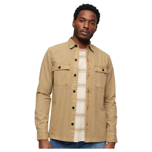 Superdry beige cotton long sleeve men's shirt, fall/winter collection, featuring a casual and stylish design with button details.