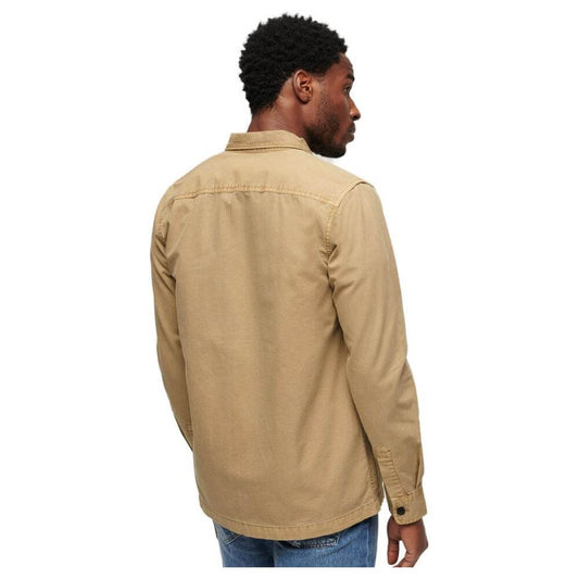 Men's Superdry beige cotton shirt, long sleeve, fall/winter collection, 100% cotton, back view.