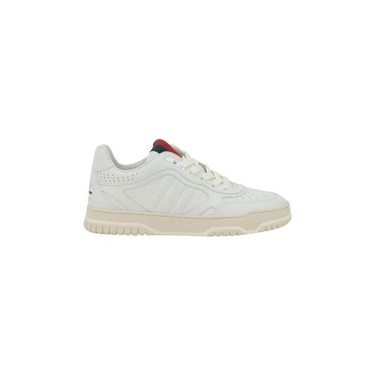 Gucci Re-Web Sneakers in smooth leather with Nastro Web applique, contrasting logo on heel, and perforated toe detail.