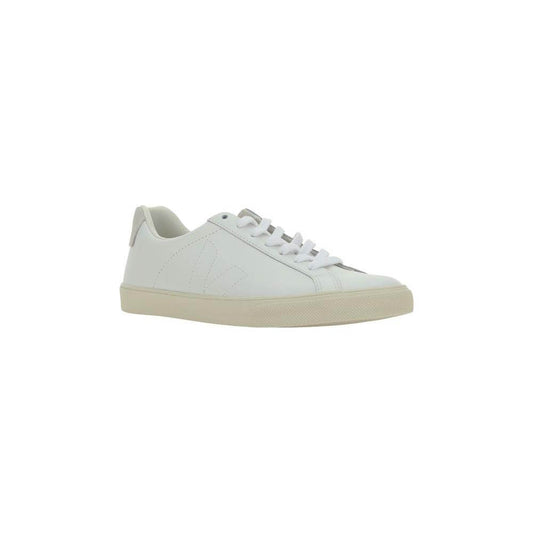 Veja Esplar Sneakers in white calfskin with round toe and lace-up closure, featuring tone-on-tone logo and contrasting heel patch.