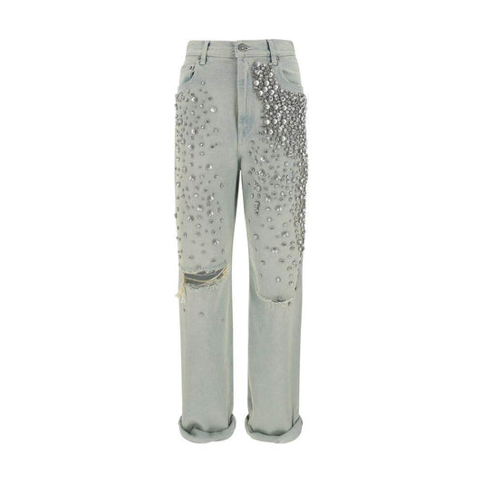 Golden Goose Golden Jeans with rhinestones and knee rips, five-pocket baggy style, urban glam fashion, relaxed fit, cotton material.
