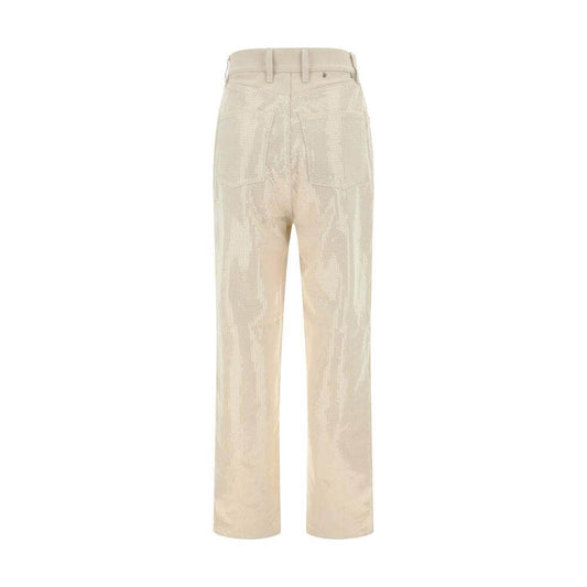 Golden Goose cotton denim pants with bright sequin appliqué, back view with straight five-pocket style and waistband loops.