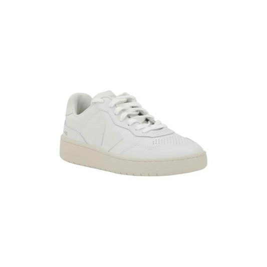 Veja V-90 Sneakers in organic leather with V logo and lace-up closure. Minimalist white design with round toe for modern style.