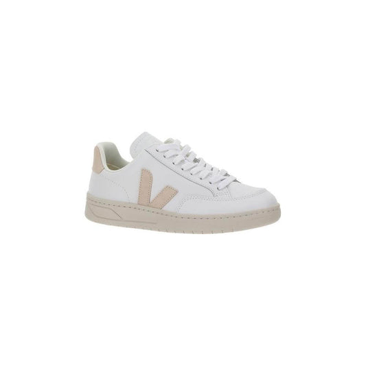 Side view of Veja V-12 Sneakers in white calfskin with lace-up closure and iconic brand logo on side, featuring round toe design.