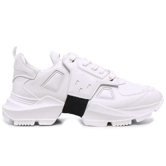 Les Hommes white calfskin men's sneaker with black nylon band and rubber sole, showcasing Italian craftsmanship for modern style.