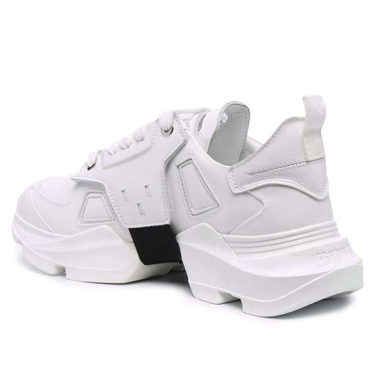 Les Hommes white calfskin men’s sneakers with black nylon band, showcasing Italian craftsmanship and modern style.