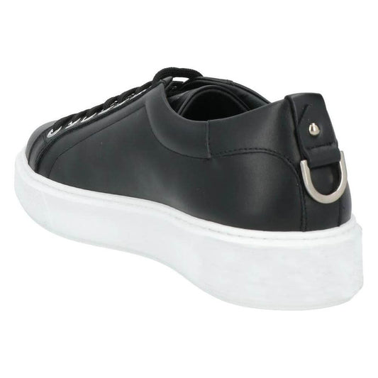 Les Hommes black calfskin men's sneaker with white sole and metal ring detail on the heel, crafted in Italy.