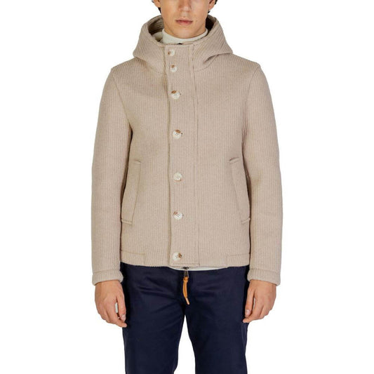 Beige polyester and wool men's jacket from Hydra Clothing, fall/winter collection, with button-up front and hood.