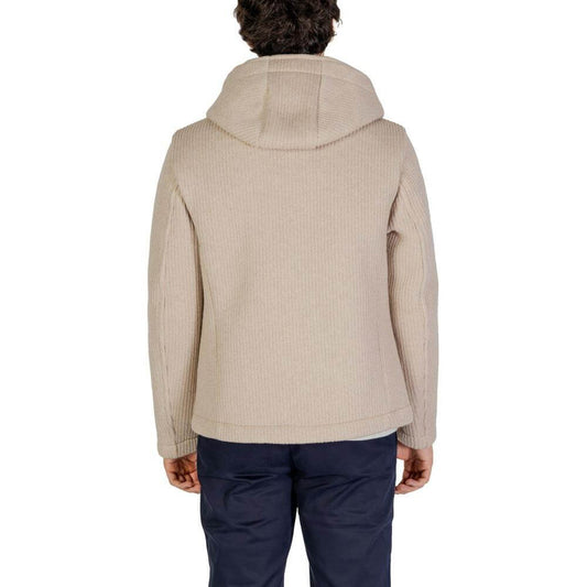 Back view of Hydra Clothing beige polyester men's jacket, fall/winter collection, featuring a hood and ribbed texture.