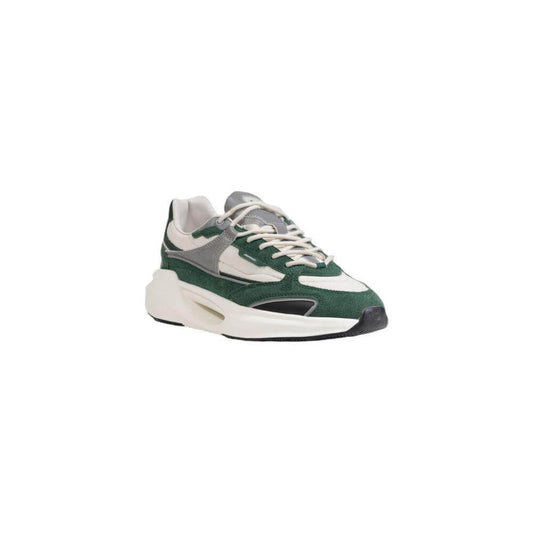 Men's D.A.T.E green leather sneaker, Fall/Winter collection, stylish footwear, 100% leather, side view of shoe on white background.