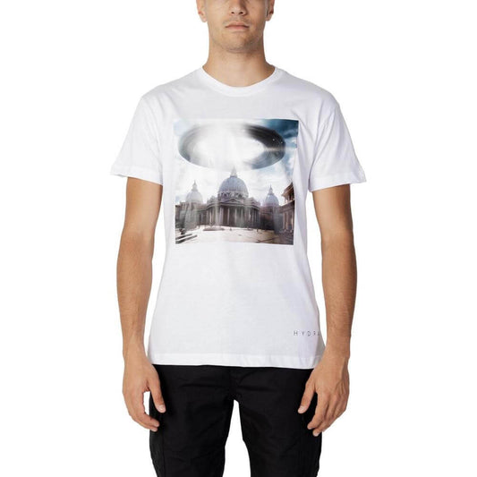 Men's spring/summer Hydra Clothing white cotton t-shirt with graphic design showcasing architectural and UFO theme.