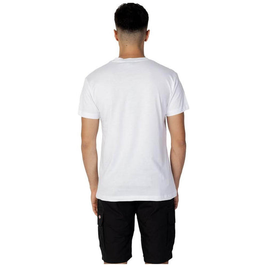 Back view of a man wearing a Hydra Clothing white cotton T-shirt, part of the men's Spring/Summer collection.