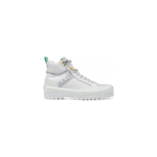 White high-top sneaker with rugged sole, featuring a side logo design, part of the autumn/winter women's collection.