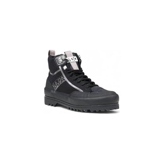 Black high-top sneaker with rugged sole and silver buckle details.