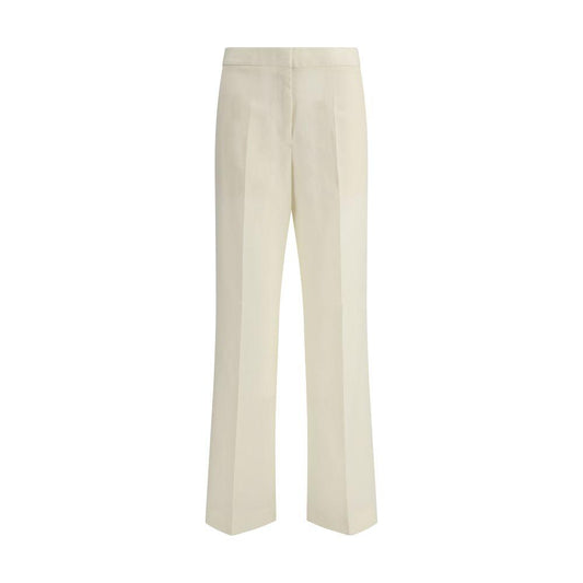 Fabiana Filippi virgin wool pants in beige with flare leg and mid-rise waist, featuring zipper-and-hook closure and welt pockets.