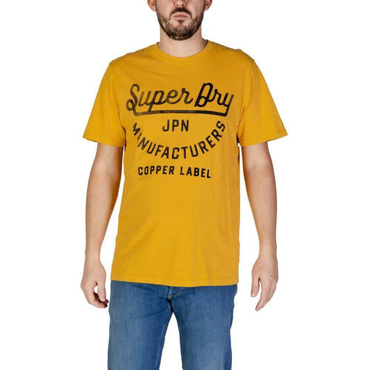 Men's Superdry orange cotton T-shirt with black graphic text, short-sleeved, fall/winter collection, 100% cotton, casual style.