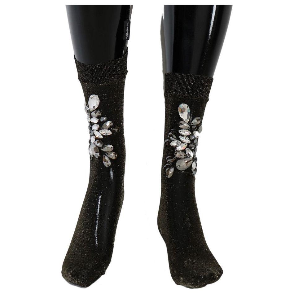 Dolce & Gabbana Black Stretch Floral Clear Crystal Socks