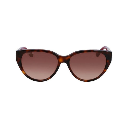 Lacoste Women's Brown Acetate Sunglasses L985S-240 with 59/16/140mm measurements and Filter 3 lens, front view.