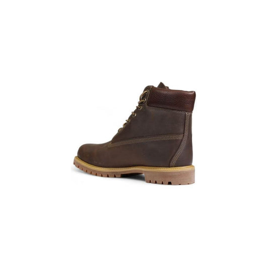 Brown Timberland leather boot, side view showcasing waterproof design and durable rubber sole for outdoor adventures.