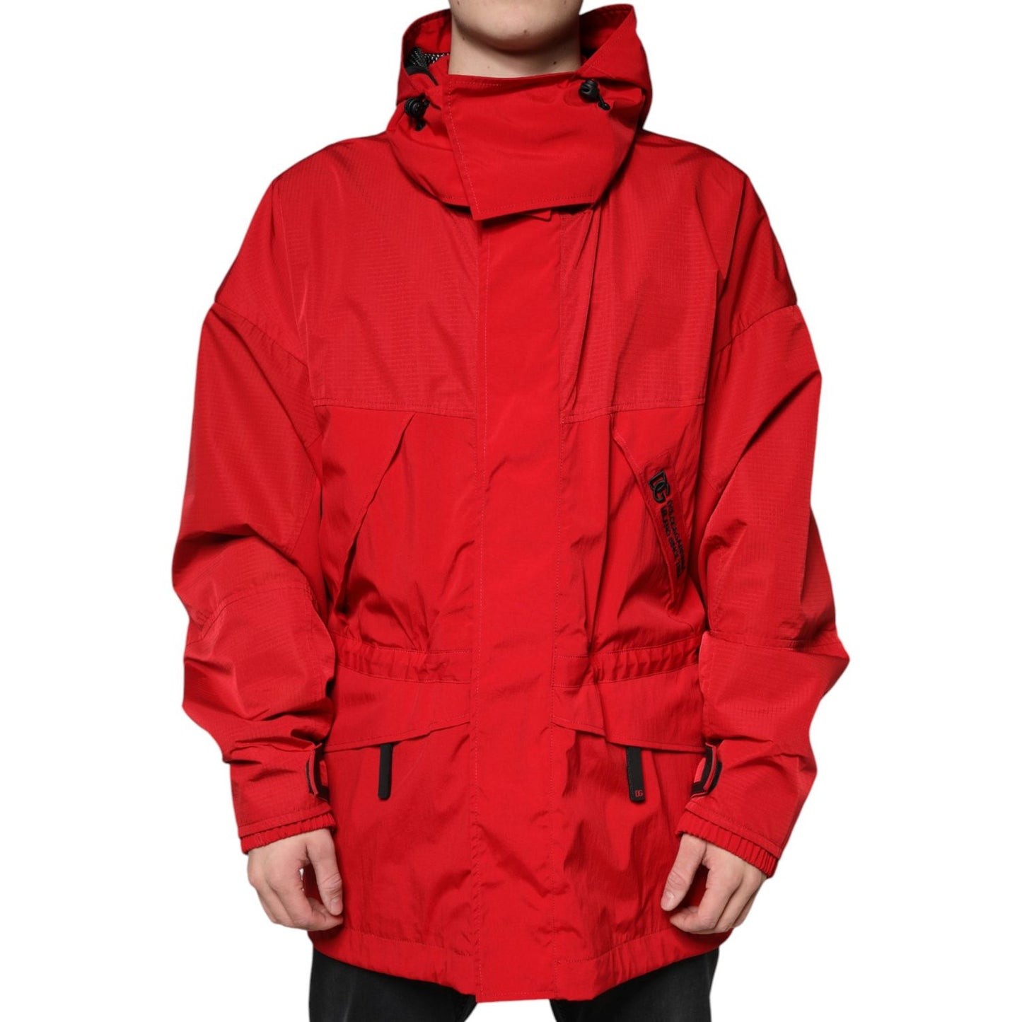 Dolce & Gabbana Red Nylon Hooded Men Full Zip Parka Jacket
