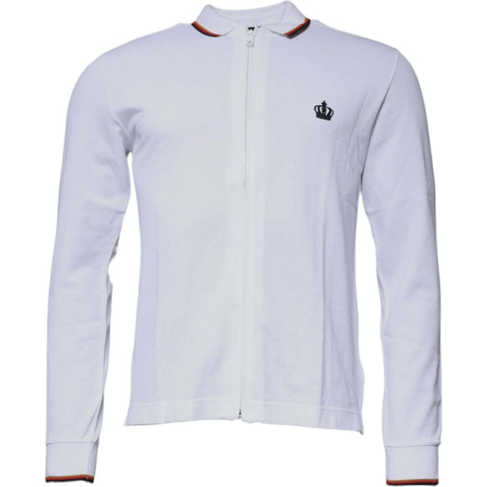 Dolce & Gabbana men's white full zip sweatshirt with crown logo; made of 95% cotton and 5% silk. Elegant and comfortable design.