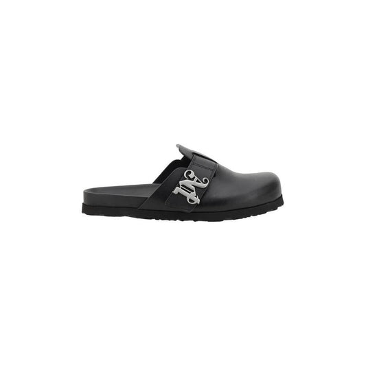 Palm Angels Leather Mules with logo plaque, round toe, and slip-on design, featuring a flat sole for comfort and stability.