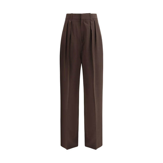 High-waisted Petar Petrov silk pants with wide-leg design, hidden zipper closure, side welt pockets, in brown color, elegant silhouette.
