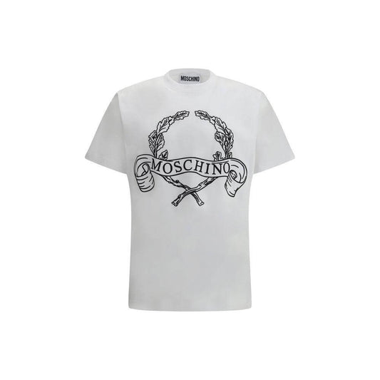 Moschino cotton T-shirt with ribbed crew neck and embroidered maxi logo on front, blending casual comfort with sophisticated style.