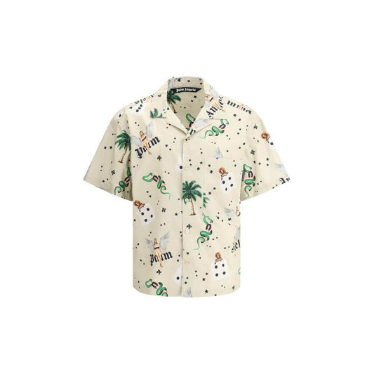 Palm Angels Pin Up Bowling Shirt with retro pin-up print and logo, short sleeves, and button closure for a bold streetwear look.